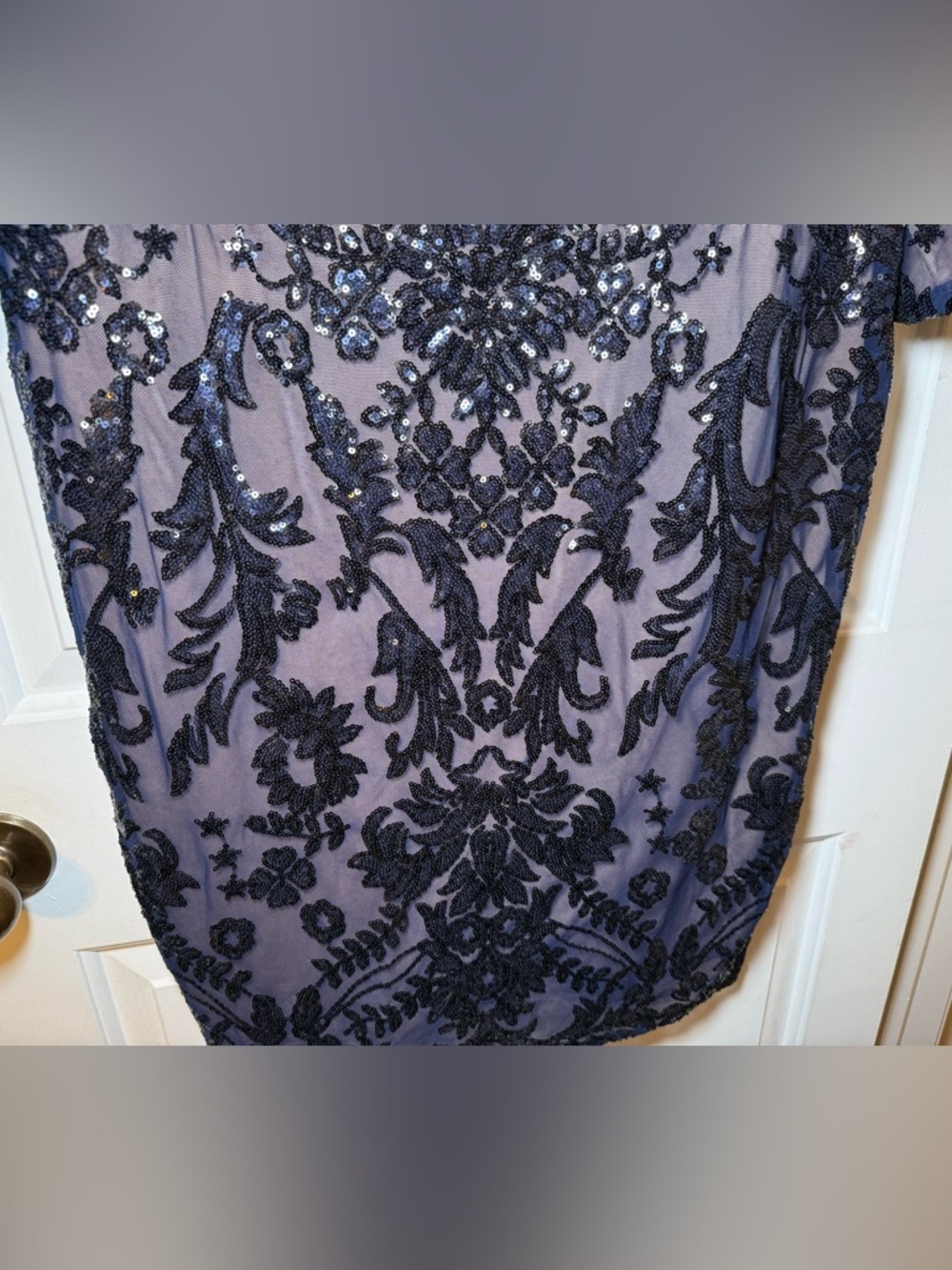 Papell Studios Navy Sequined V Neck Sheath Dress Sz 18 Plus Floral Beige Lined - Picture 5 of 10